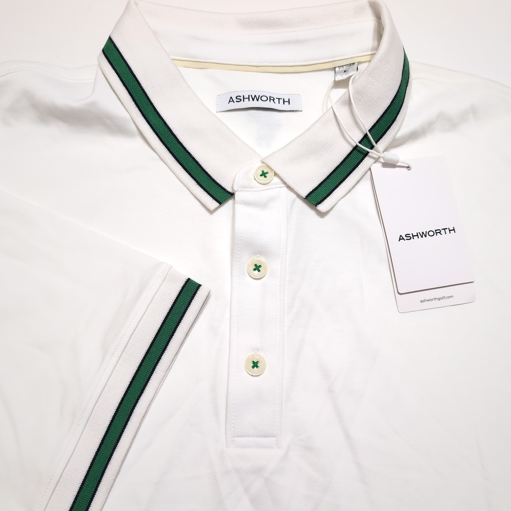 ASHWORTH Polo Shirt Large White Green NWT Cotton Golf Tipped Collar Short Slv